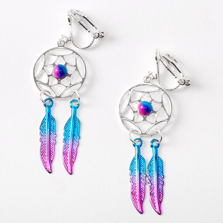 Silver-tone 1.5&quot; Pink &amp; Blue Beaded Dreamcatcher Clip On Drop Earrings,