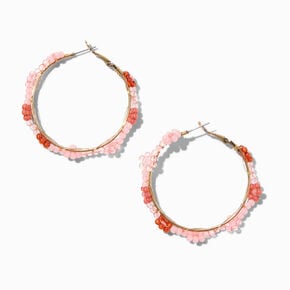 Pink Beaded Flower Hoop Earrings,