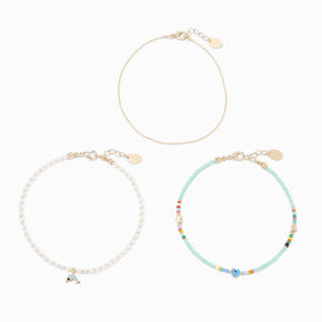 Bracelets de cheville avec cha&icirc;ne perl&eacute;e dauphin turquoise - Lot de 3,