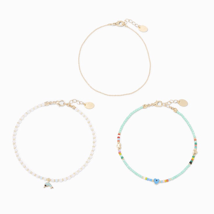 Turquoise Dolphin Beaded Chain Anklets - 3 Pack,