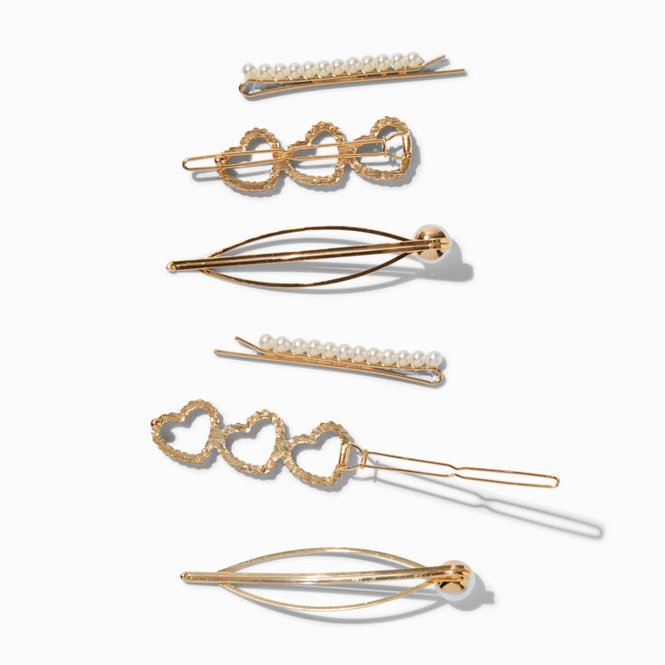 Claire&#39;s Club Gold-tone Heart &amp; Pearl Hair Pins - 6 Pack,