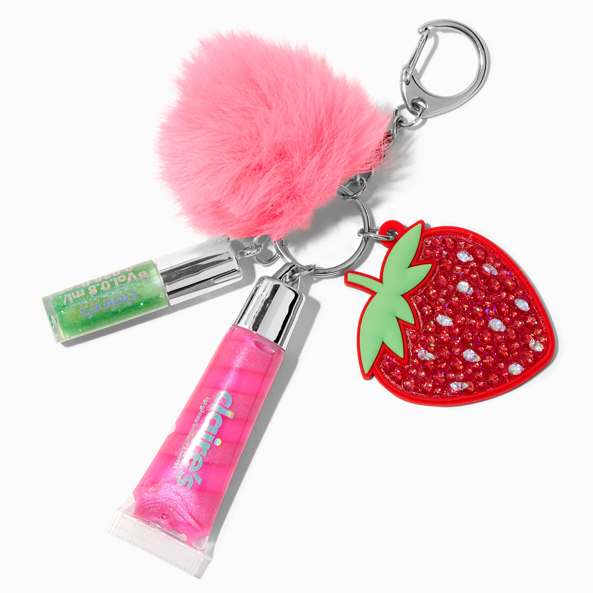 View Claires Strawberry Bling Lip Gloss Keychain Pink information