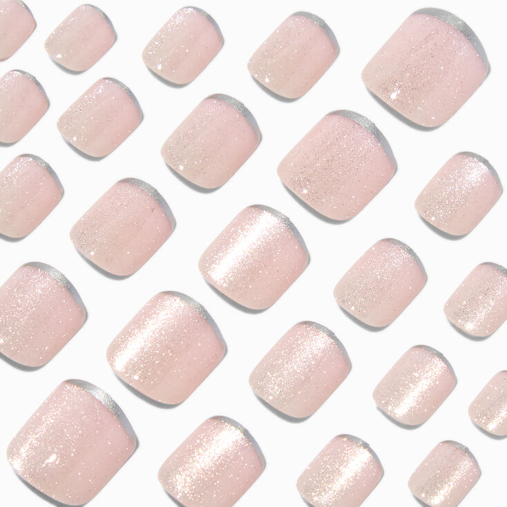 Silver Glitter Skinny French Tip Square Press On Vegan Faux Nail Set - 24 Pack,