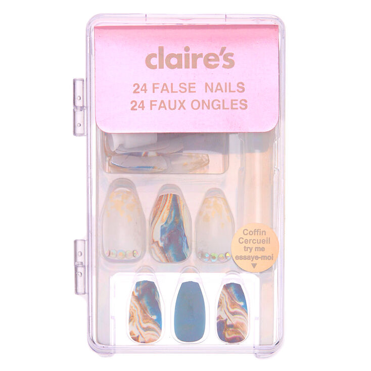 Faux ongles ballerine effet marbr&eacute; bleus et couleur dor&eacute;e - Lot de 24,