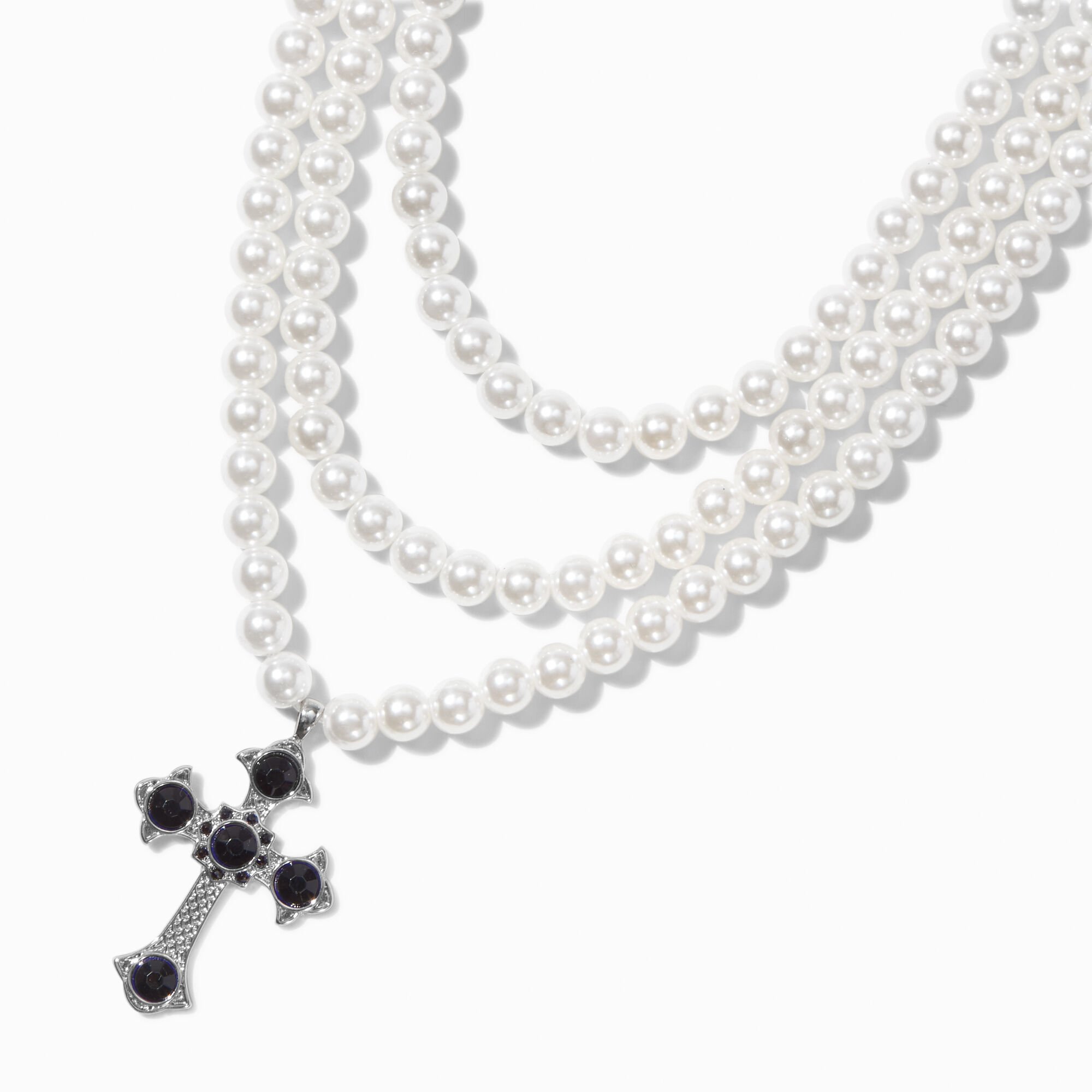 Pearl & Silver-tone Cross Pendant Multi-Strand Necklace,