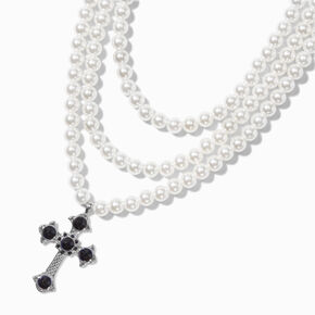 Pearl &amp; Silver-tone Cross Pendant Multi-Strand Necklace,