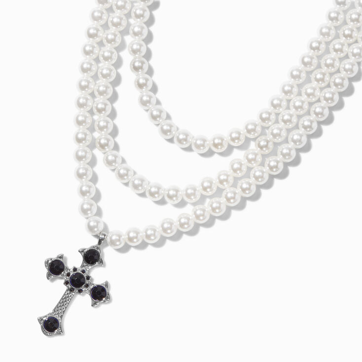 Pearl &amp; Silver-tone Cross Pendant Multi-Strand Necklace,