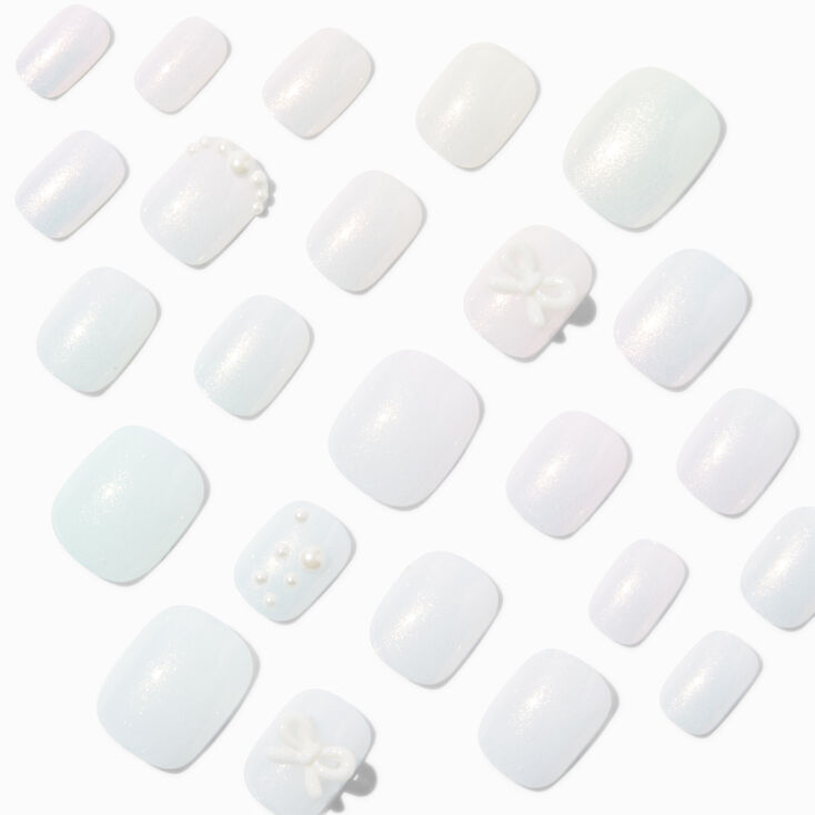 White Iridescent Pearl Squoval Vegan Faux Nail Set - 24 Pack,