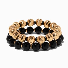 Black &amp; Textured Gold-tone Beaded Stretch Bracelet,