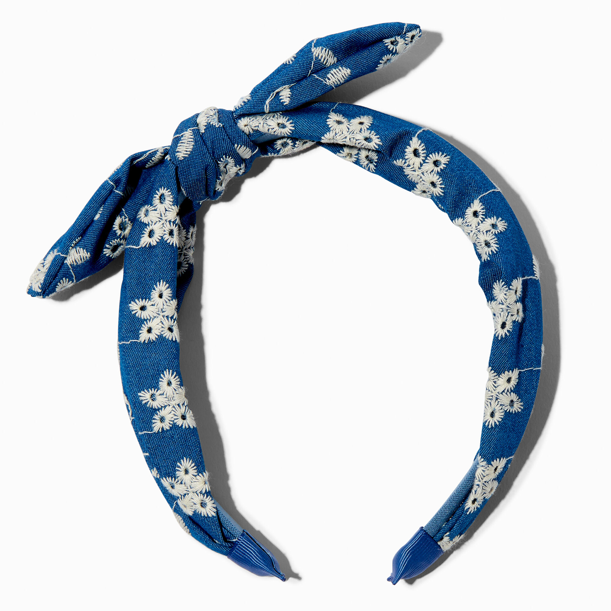 View Claires Embroidered Denim Knotted Bow Headband information