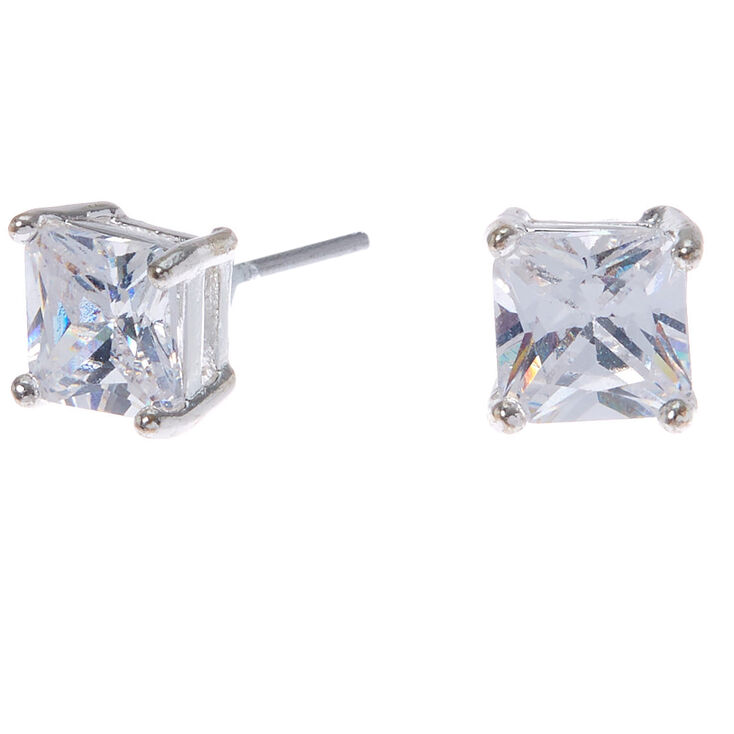 Silver-tone Cubic Zirconia Square Stud Earrings - 6MM,