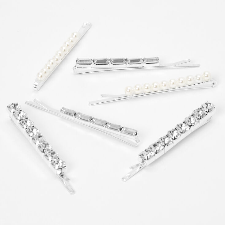 Silver Pearl &amp; Geometric Crystal Bobby Pins - 6 Pack,