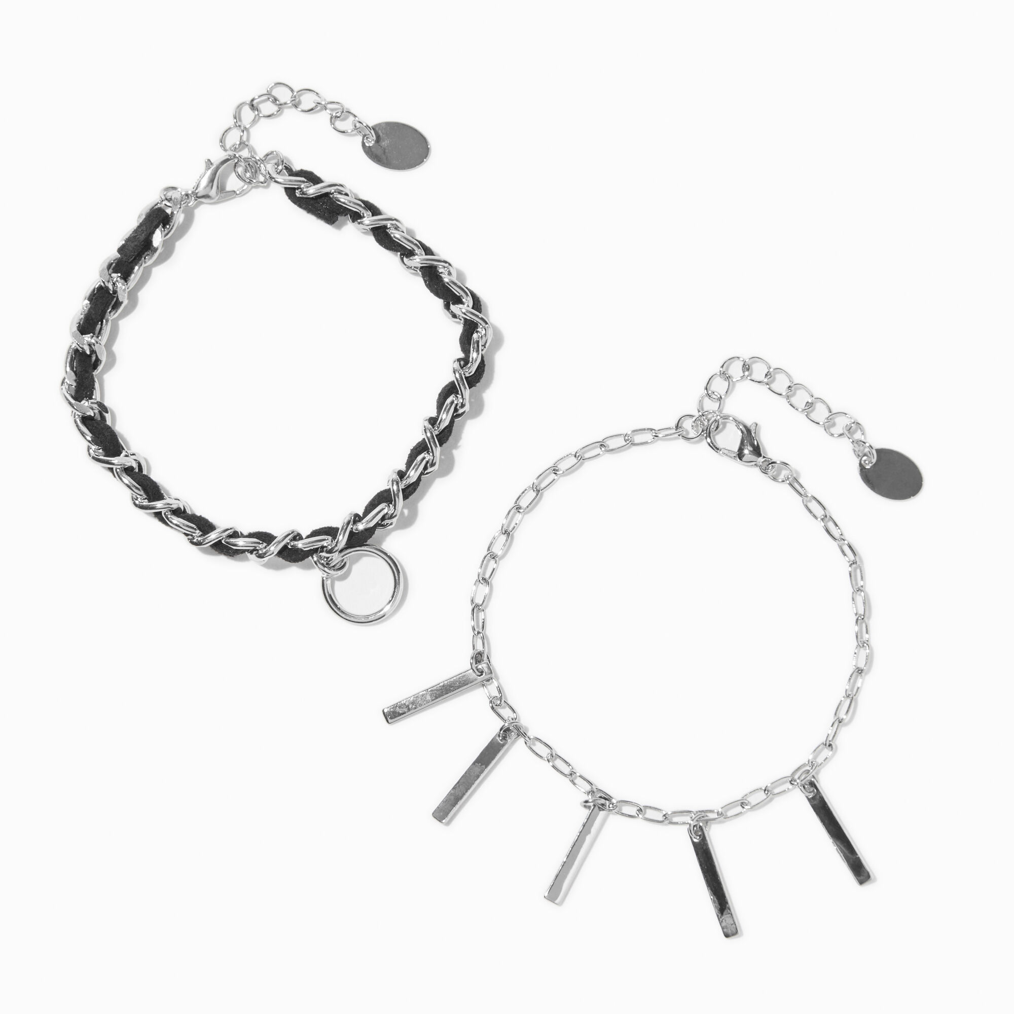 View Claires SilverTone Bar Charm And CordWrapped Bracelet Set 2 Pack Black information