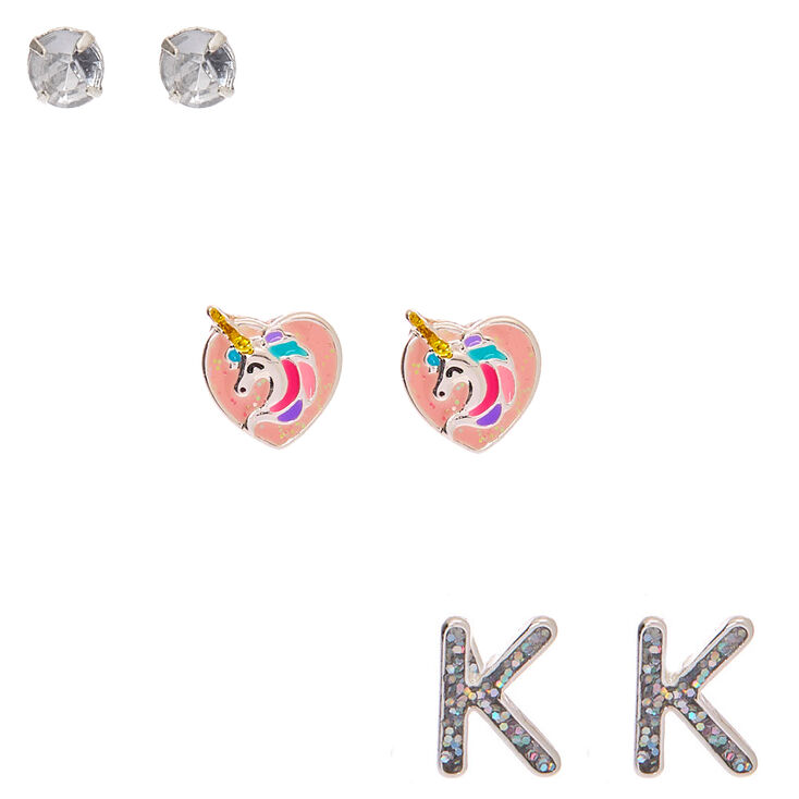 Claire's Lot de 3 clous d'oreille Miss Glitter la licorne avec initiale K