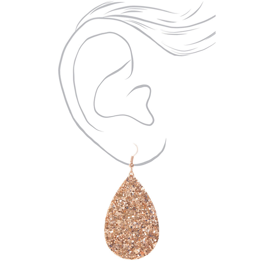 Rose Gold 2" Glitter Teardrop Drop Earrings,