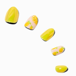 Faux ongles autocollants vegan ronds imprim&eacute; citron - Lot de 24,