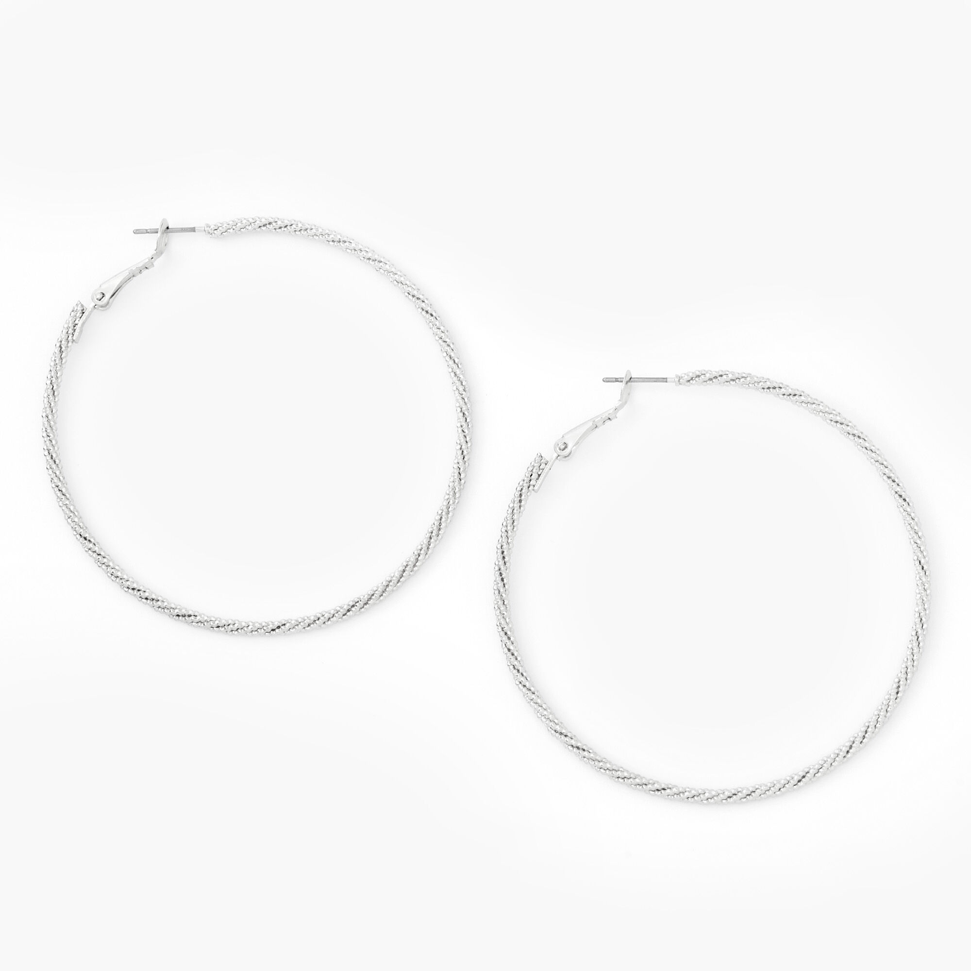 View Claires 60MM Laser Cut Twisted Hoop Earrings Silver information