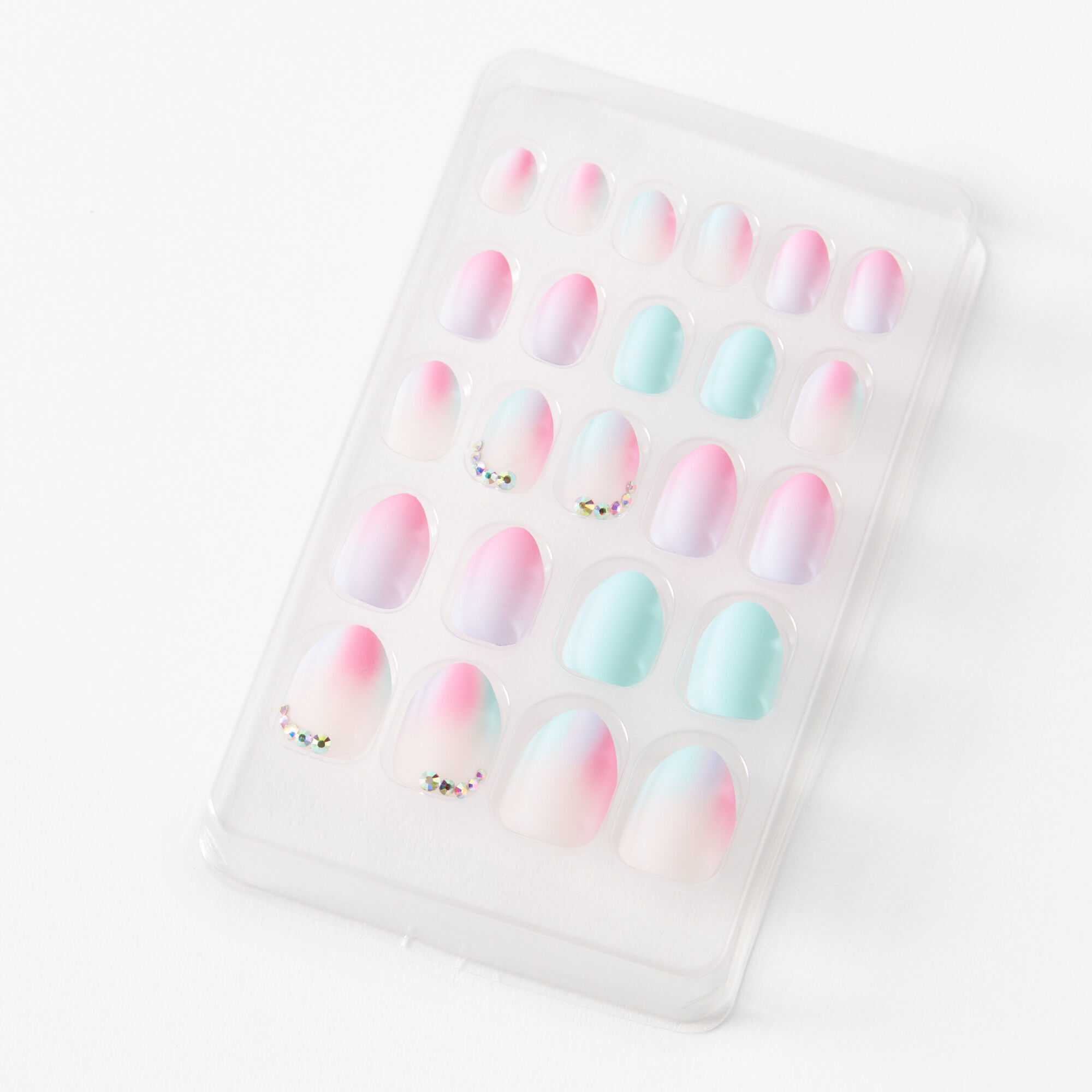 Faux ongles autocollants stiletto avec strass et dégradé pastel - Lot de 24,