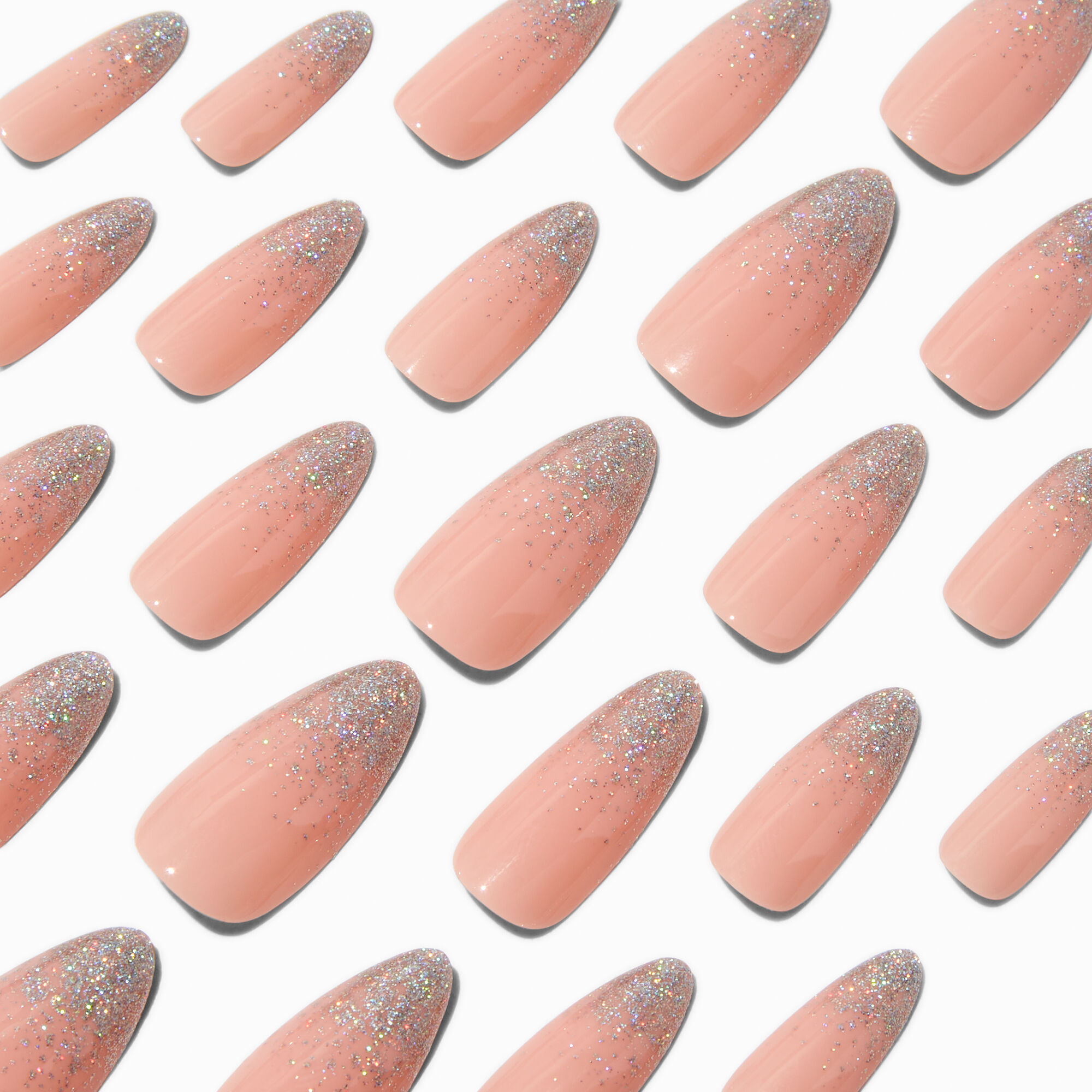 View Claires Iridescent Glitter French Tip Almond Vegan Faux Nail Set 24 Pack information