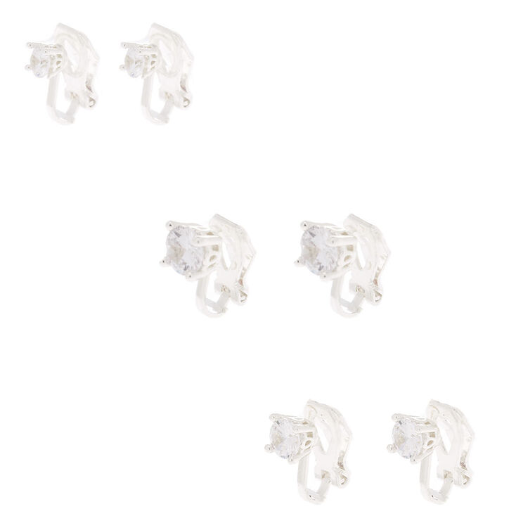 Silver Cubic Zirconia Graduated Clip On Stud Earrings - 3 Pack,