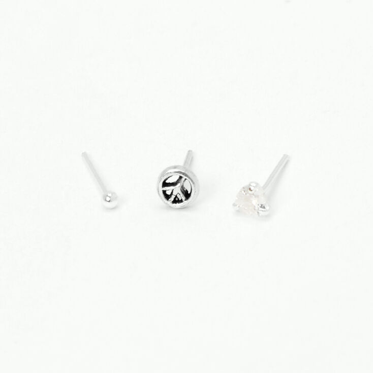 Sterling Silver 20G Peace Sign Nose Studs - 3 Pack,