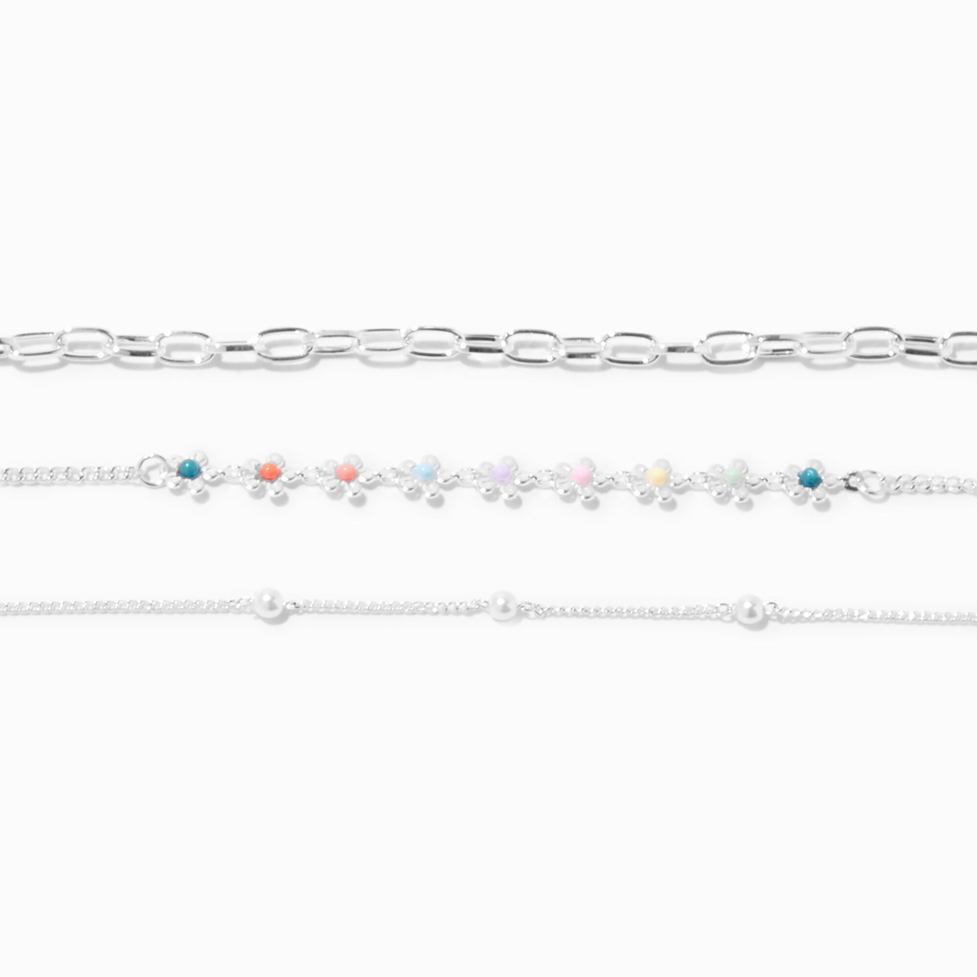 Silver-tone Rainbow Daisy Chain Bracelets - 3 Pack,