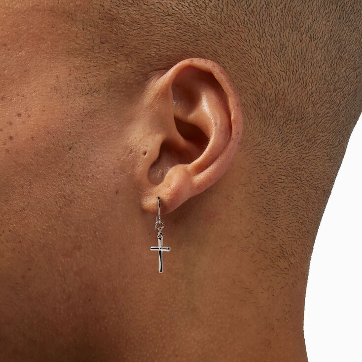 Silver Rhodium Cross 0.5&quot; Drop Earrings,