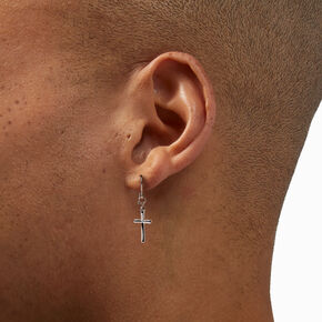 Silver-tone Rhodium Cross 0.5&quot; Drop Earrings,