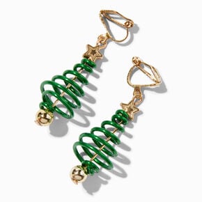 Green 1&quot; Christmas Tree Spiral Clip-On Drop Earrings,