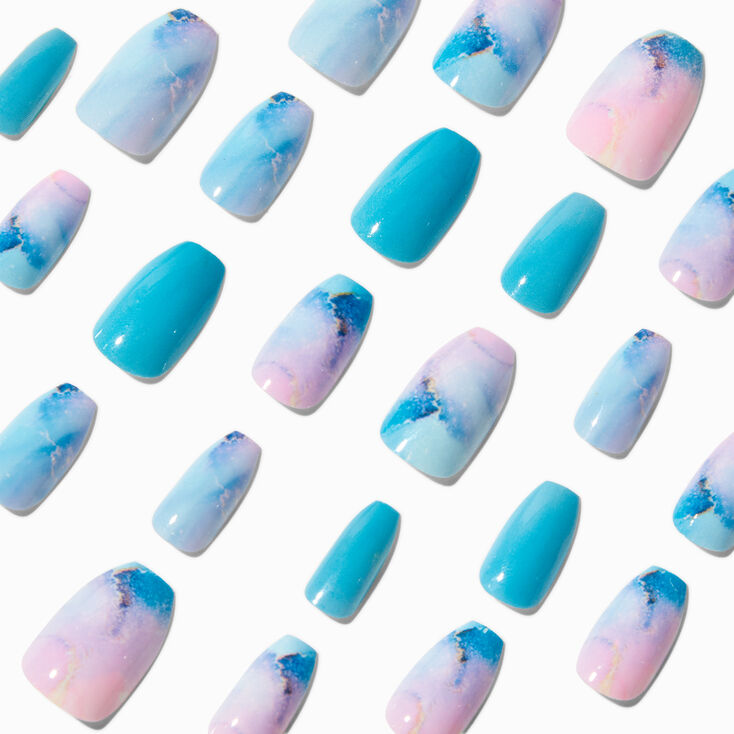 Turquoise Pink Marble Coffin Vegan Faux Nail Set - 24 Pack,