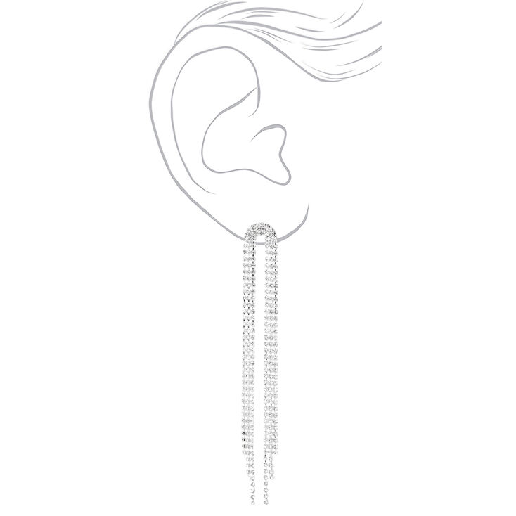 Silver-tone Rhinestone 4&quot; Horse Tail Fringe Drop Earrings,