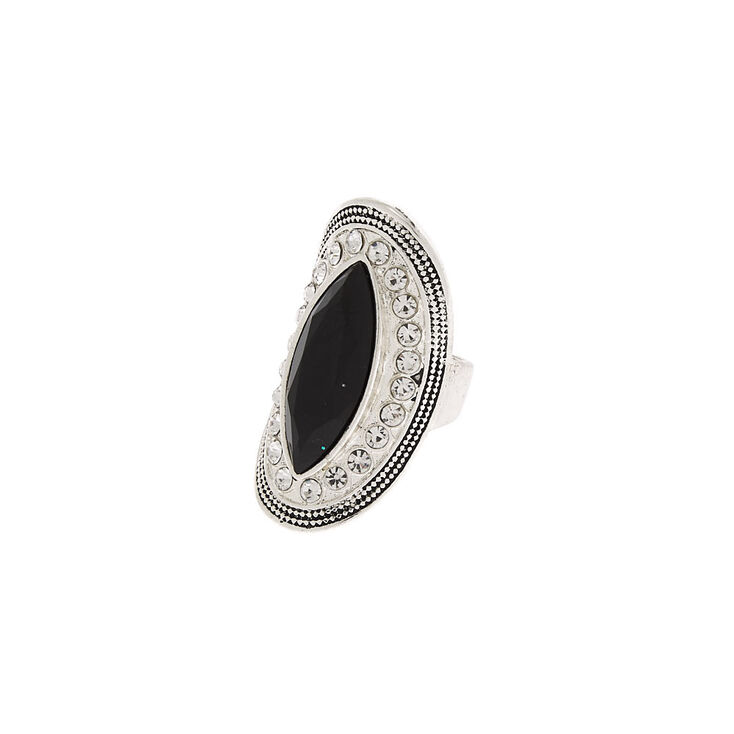 Silver Embellished Oval Ring - Black,