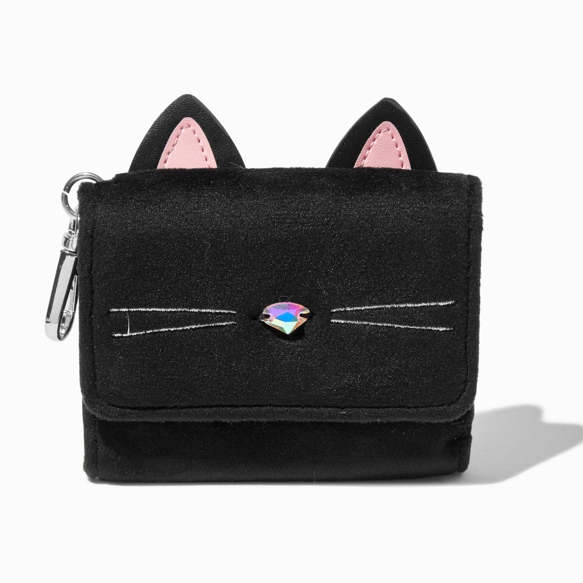 Porte-monnaie dépliant en imitation velours chat noir,