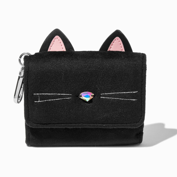 Porte-monnaie d&eacute;pliant en imitation velours chat noir,