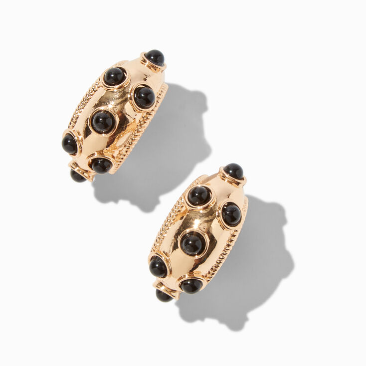 Black Dotted Gold-tone Hoop Earrings ,
