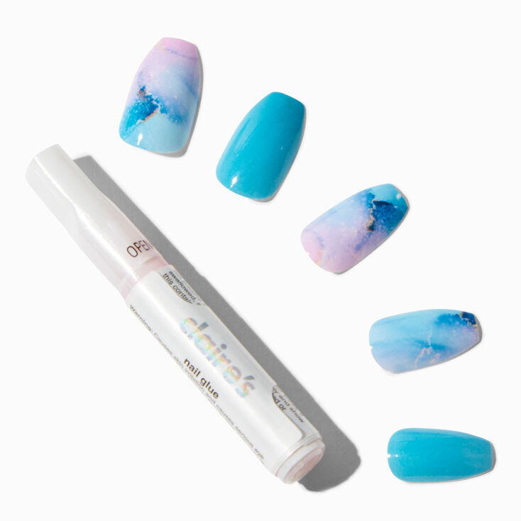 Turquoise Pink Marble Coffin Vegan Faux Nail Set - 24 Pack,