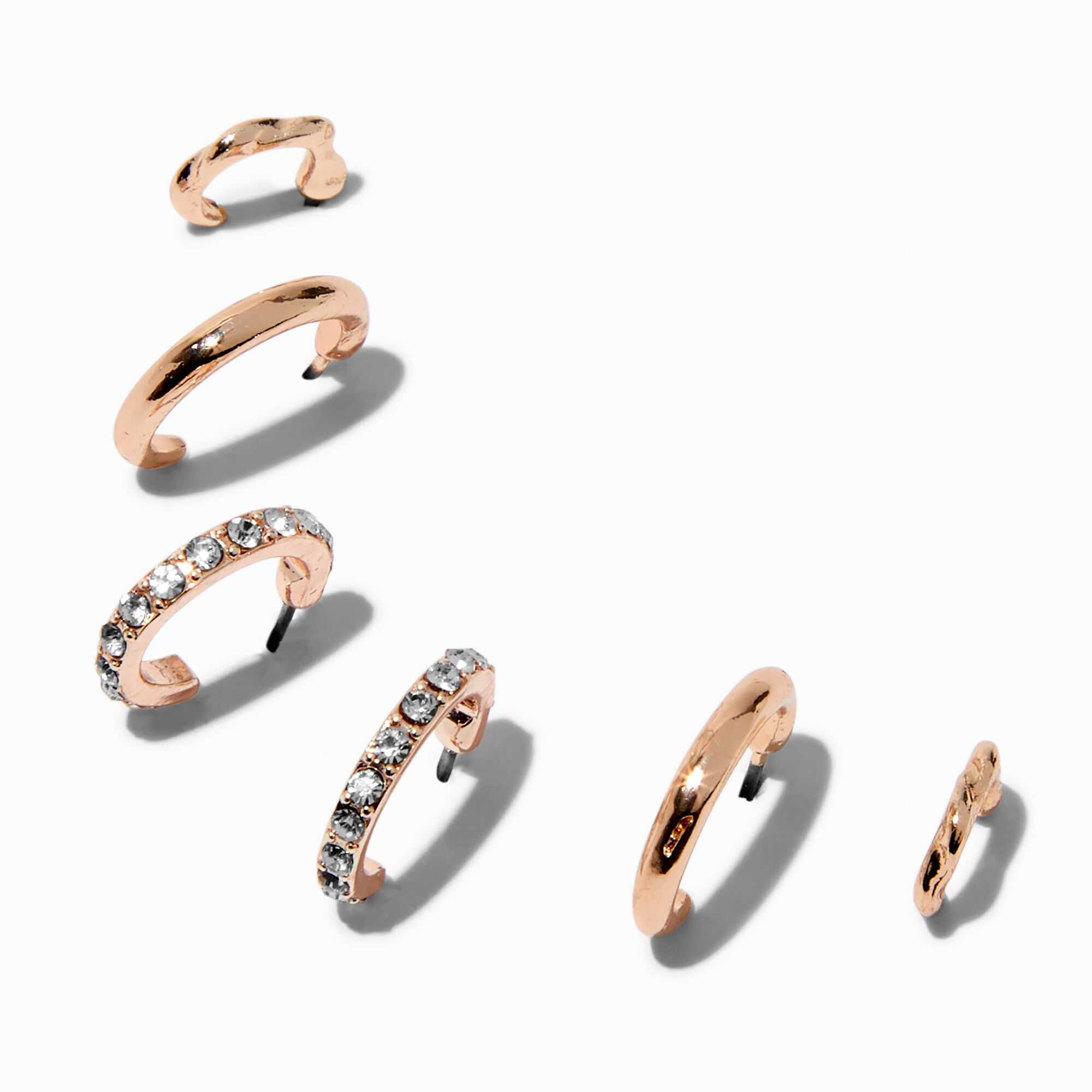 Rose Gold-tone Graduated Embellished Huggie Hoop Earring Stackables Set - 3 Pack,