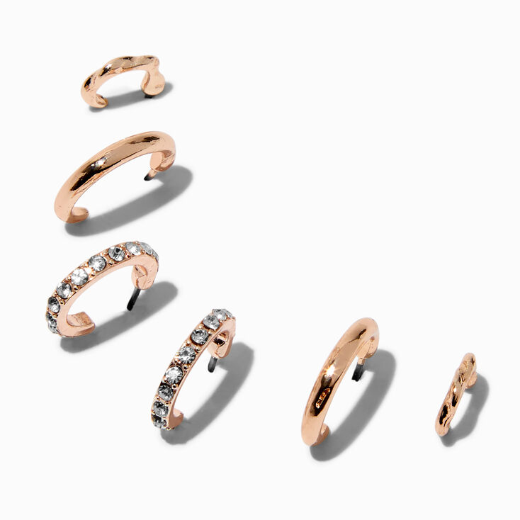Rose Gold-tone Graduated Embellished Huggie Hoop Earring Stackables Set - 3 Pack,