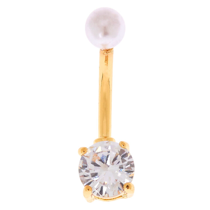 14G Cubic Zirconia Faux Pearl Top Belly Ring,