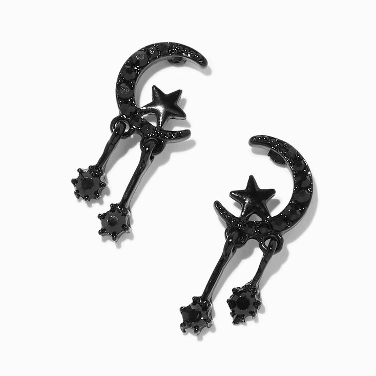 Black 1&quot; Crescent Moon Star Stud Earrings,