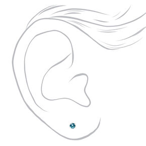 Silver Cubic Zirconia Round Stud Earrings - Turquoise, 3MM,
