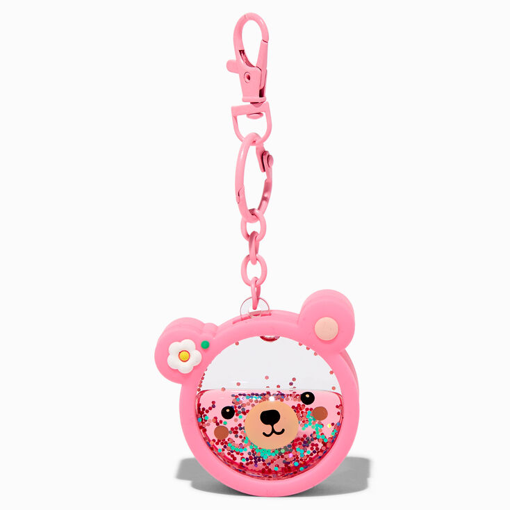 Porte-cl&eacute;s &agrave; paillettes rempli d&rsquo;eau ours visage d&#39;ours rose,