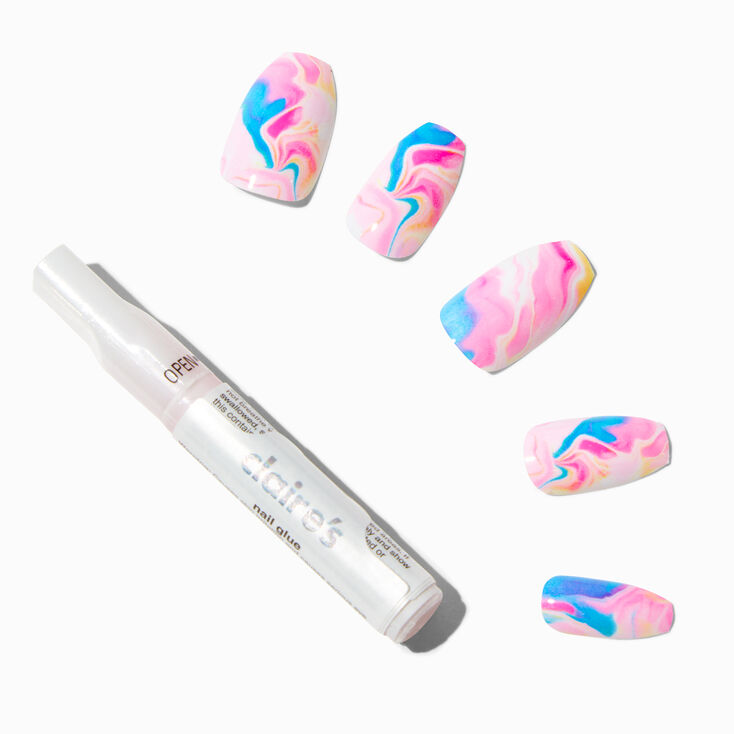 Blue Marble Coffin Vegan Faux Nail Set - 24 Pack,