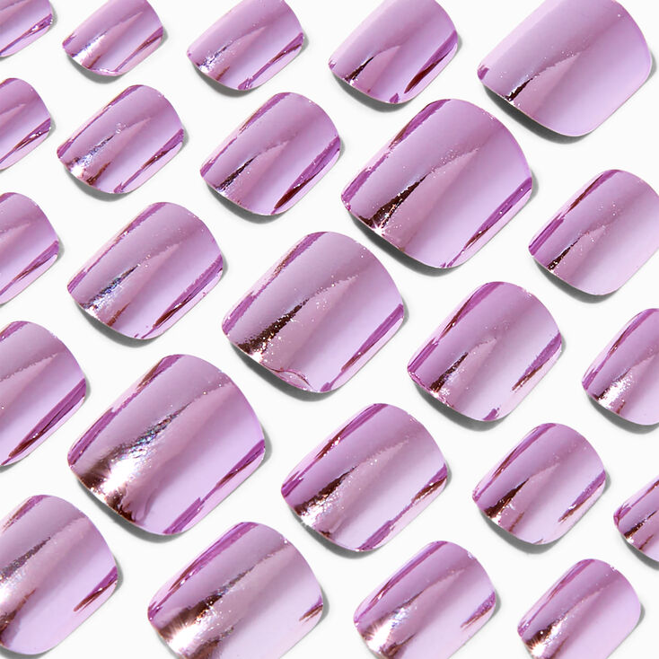 Faux ongles vegan autocollants carr&eacute;s lavande couleur chrome - Lot de 24,