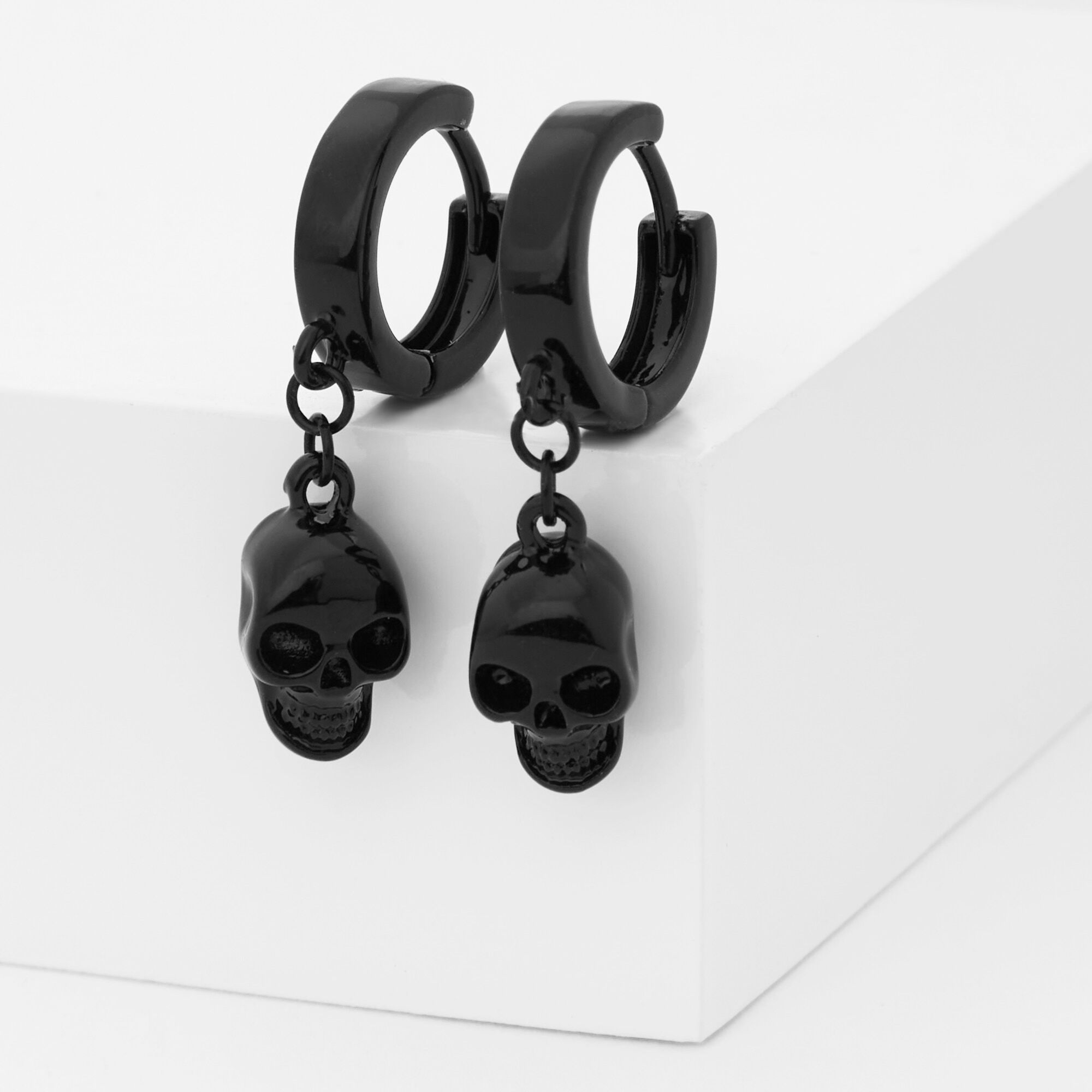 View Claires 15MM Skull Huggie Hoop Earrings Black information