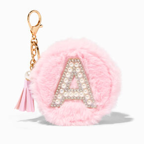 Pink Furry Pearl Initial Coin Purse Keychain - A,