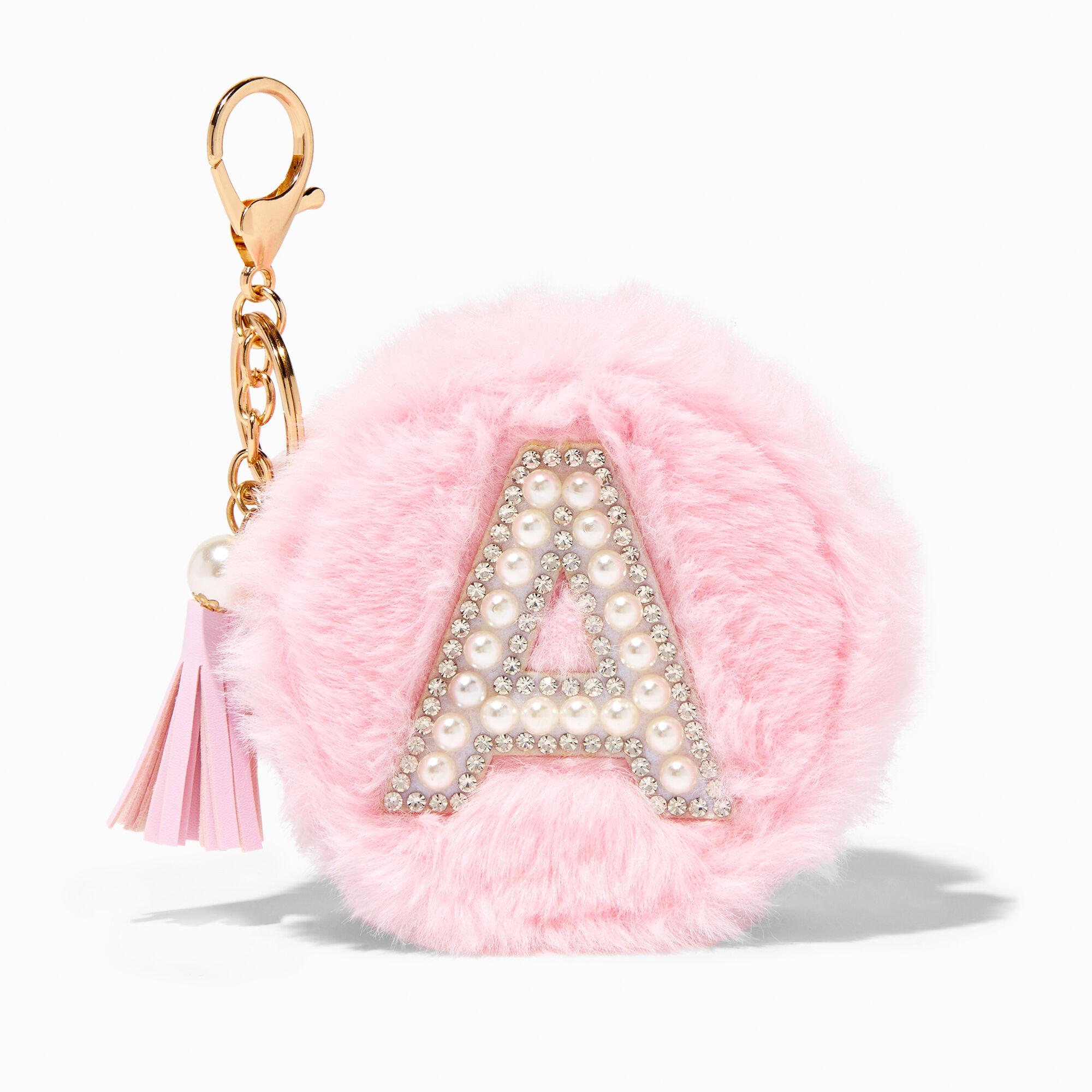 View Claires Furry Pearl Initial Coin Purse Keyring A Pink information