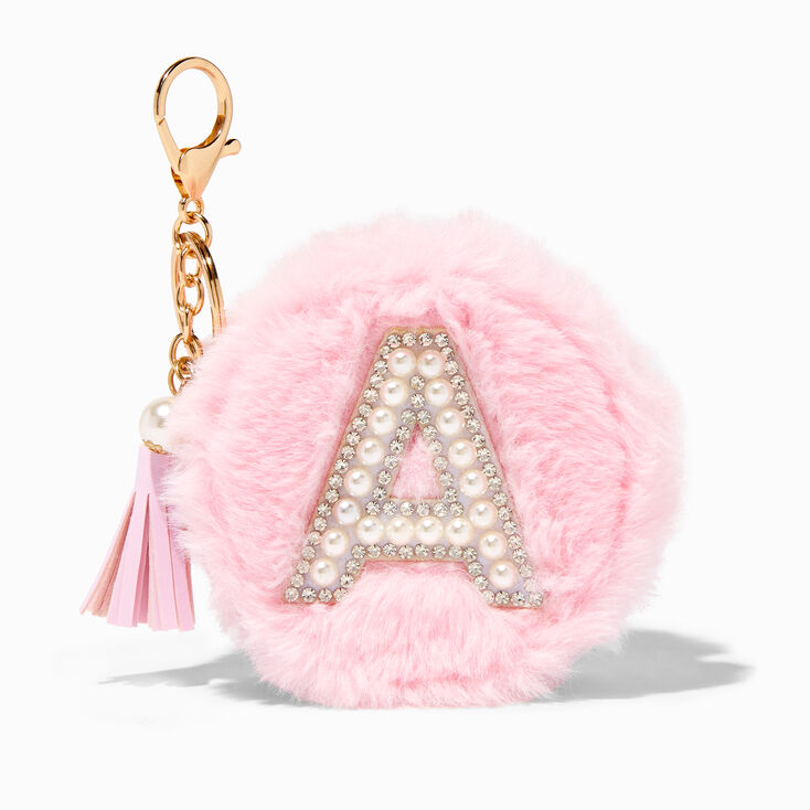 Pink Furry Pearl Initial Coin Purse Keychain - A,