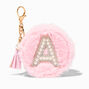 Pink Furry Pearl Initial Coin Purse Keychain - A,