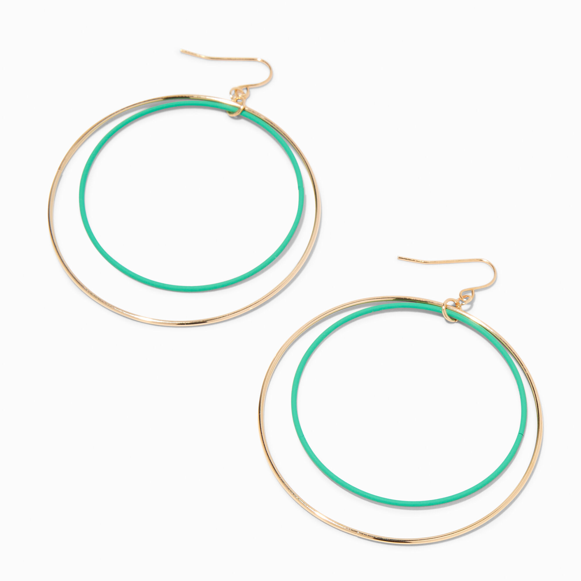 View Claires Gold 3 Enamel Double Ring Hoop Drop Earrings Green information
